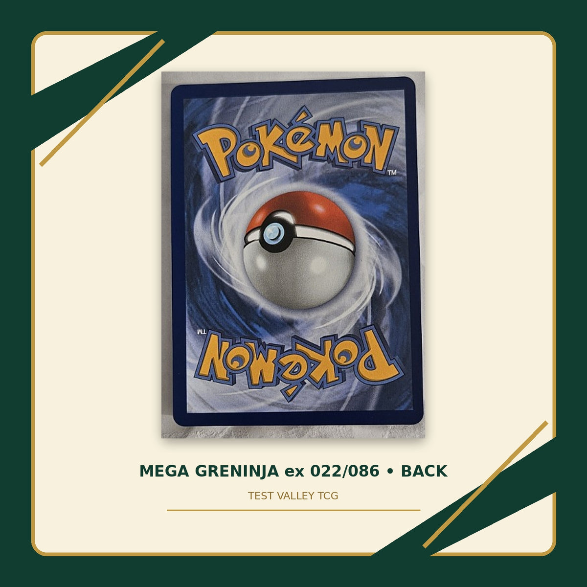 Mega Greninja ex 022/086 Near Mint back on Test Valley TCG green cream gold background