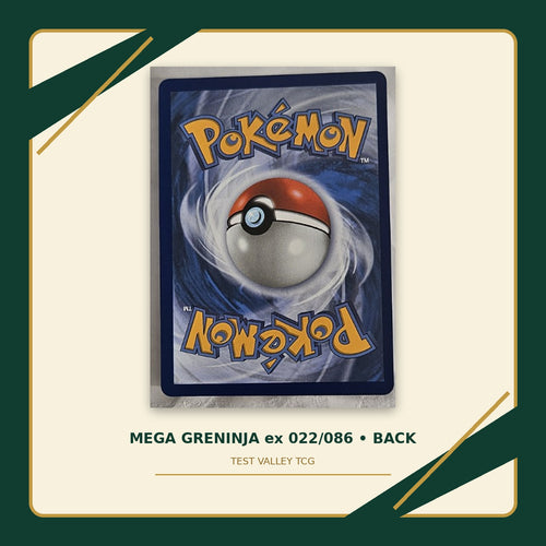 Mega Greninja ex 022/086 Near Mint back on Test Valley TCG green cream gold background