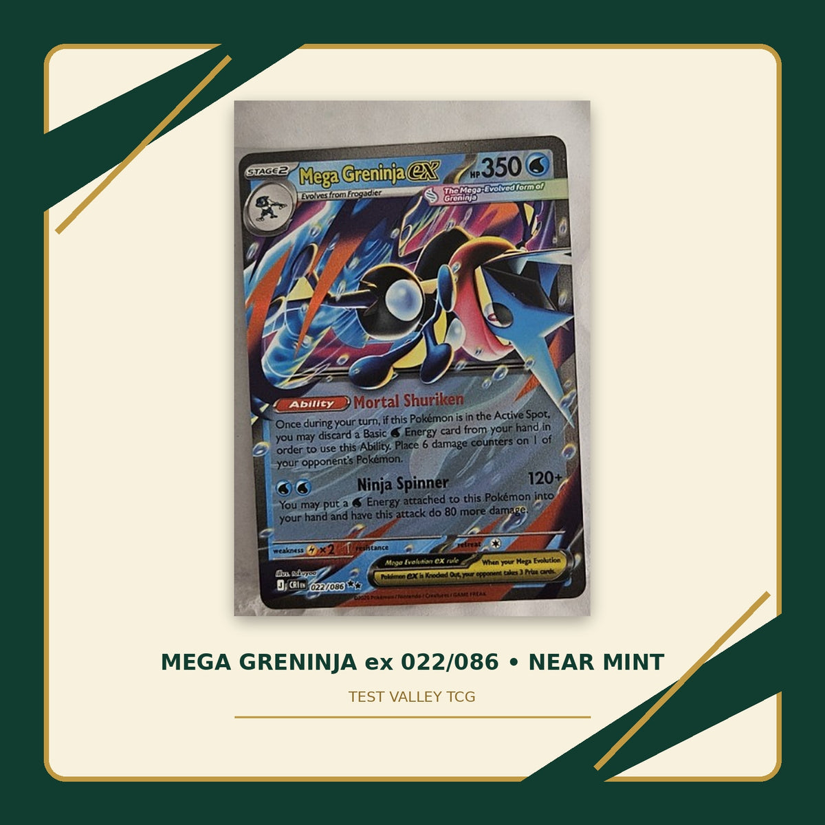 Mega Greninja ex 022/086 Near Mint front on Test Valley TCG green cream gold background