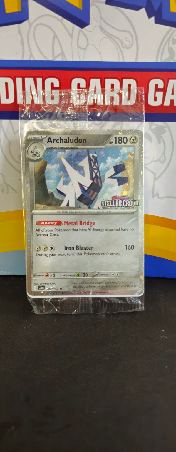 Original photograph of Archaludon 107/142 – Stellar Crown Stamped Holo Promo – Sealed, English Pokémon card