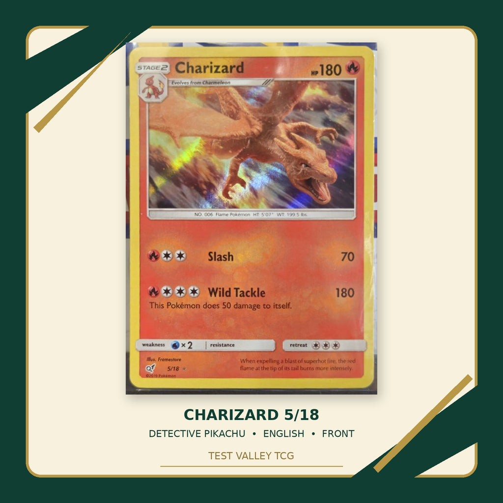 Charizard 5/18 Detective Pikachu Holo Rare English — front cropped photograph with Test Valley TCG frame