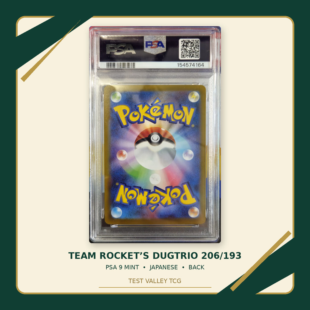 Team Rocket’s Dugtrio 206/193 Japanese PSA 9 Mint, certificate 154574164, back of actual slab – cropped and straightened photograph with Test Valley TCG frame