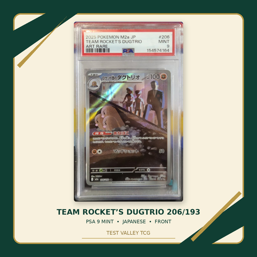 Team Rocket’s Dugtrio 206/193 Japanese PSA 9 Mint, certificate 154574164, front of actual slab – cropped and straightened photograph with Test Valley TCG frame