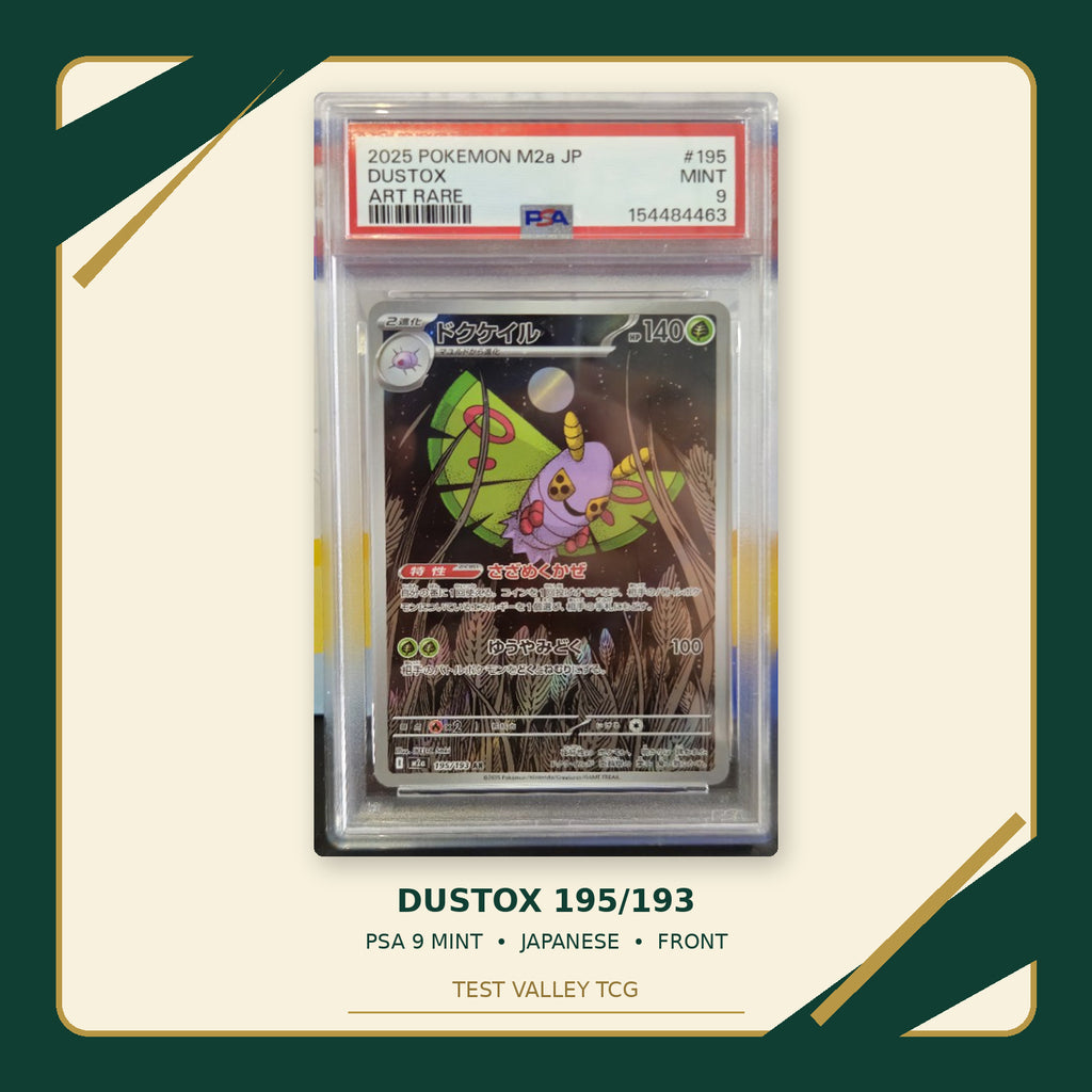 Dustox 195/193 Japanese PSA 9 Mint, certificate 154484463, front of actual slab – cropped and straightened photograph with Test Valley TCG frame