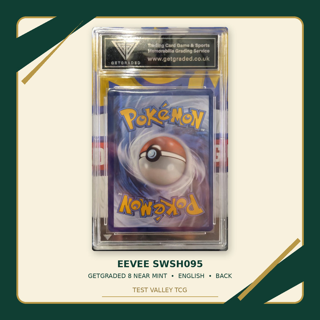 Eevee SWSH095, English, GetGraded 8 Near Mint, certificate 00513669, back of actual slab – cropped and straightened with Test Valley TCG frame