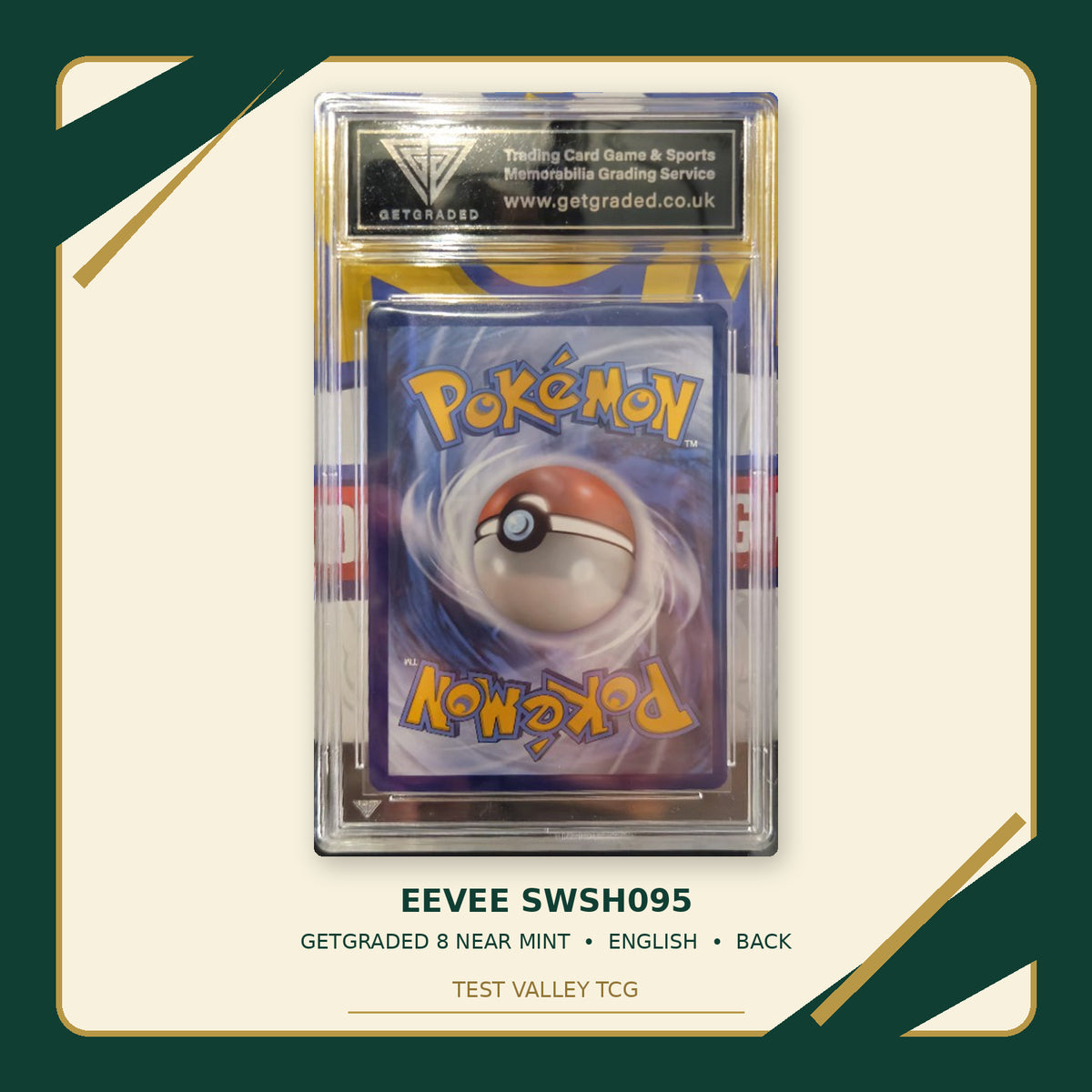Eevee SWSH095, English, GetGraded 8 Near Mint, certificate 00513669, back of actual slab – cropped and straightened with Test Valley TCG frame