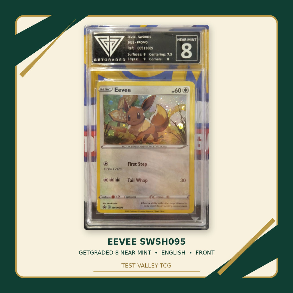 Eevee SWSH095, English, GetGraded 8 Near Mint, certificate 00513669, front of actual slab – cropped and straightened with Test Valley TCG frame