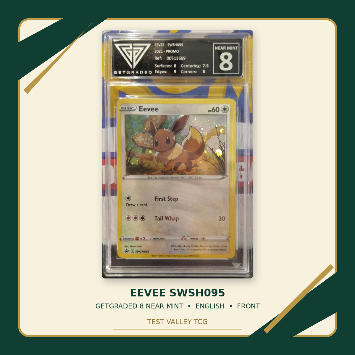 Eevee SWSH095, English, GetGraded 8 Near Mint, certificate 00513669, front of actual slab – cropped and straightened with Test Valley TCG frame