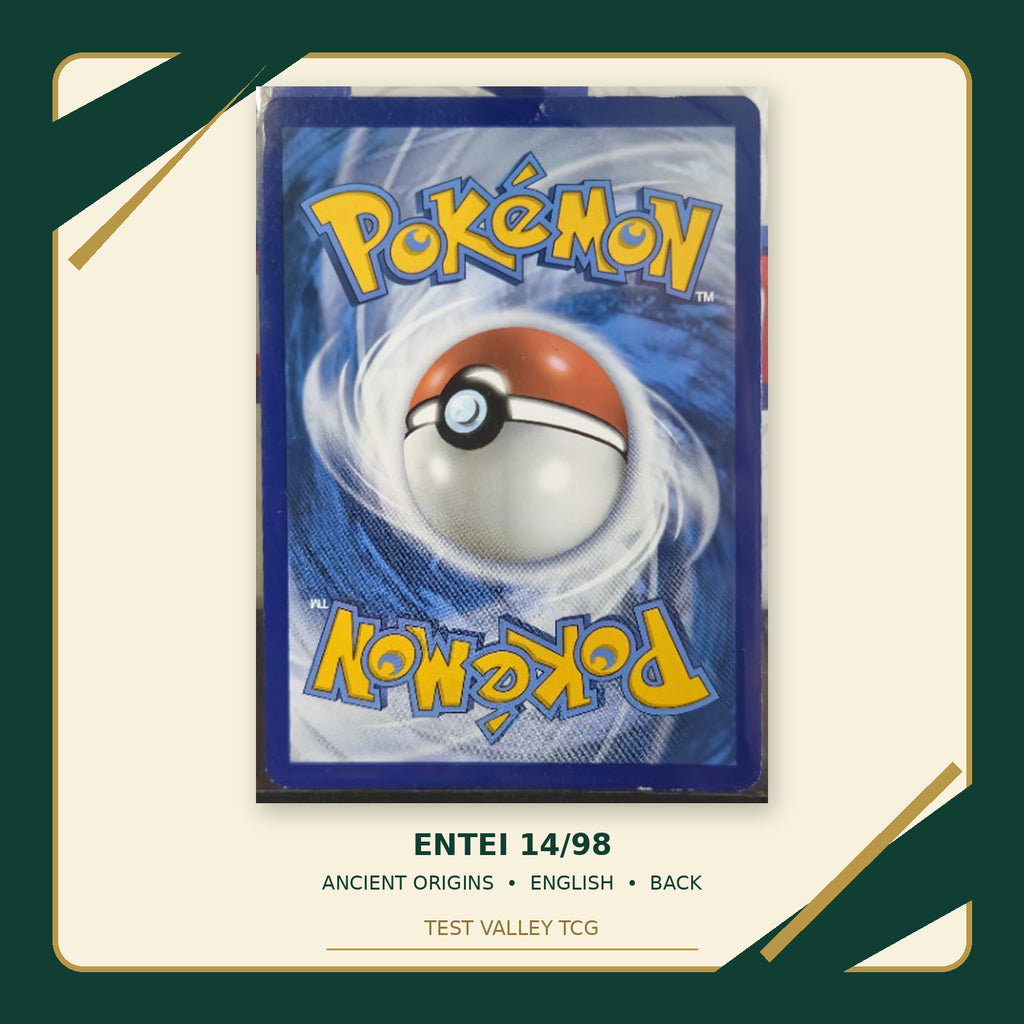 Entei 14/98 Ancient Origins Cosmos Holo English — back cropped photograph with Test Valley TCG frame