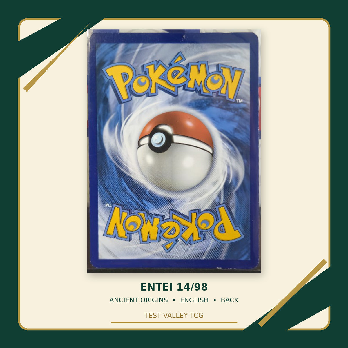 Entei 14/98 Ancient Origins Cosmos Holo English — back cropped photograph with Test Valley TCG frame