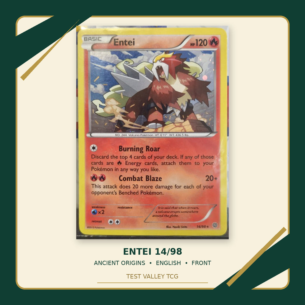 Entei 14/98 Ancient Origins Cosmos Holo English — front cropped photograph with Test Valley TCG frame