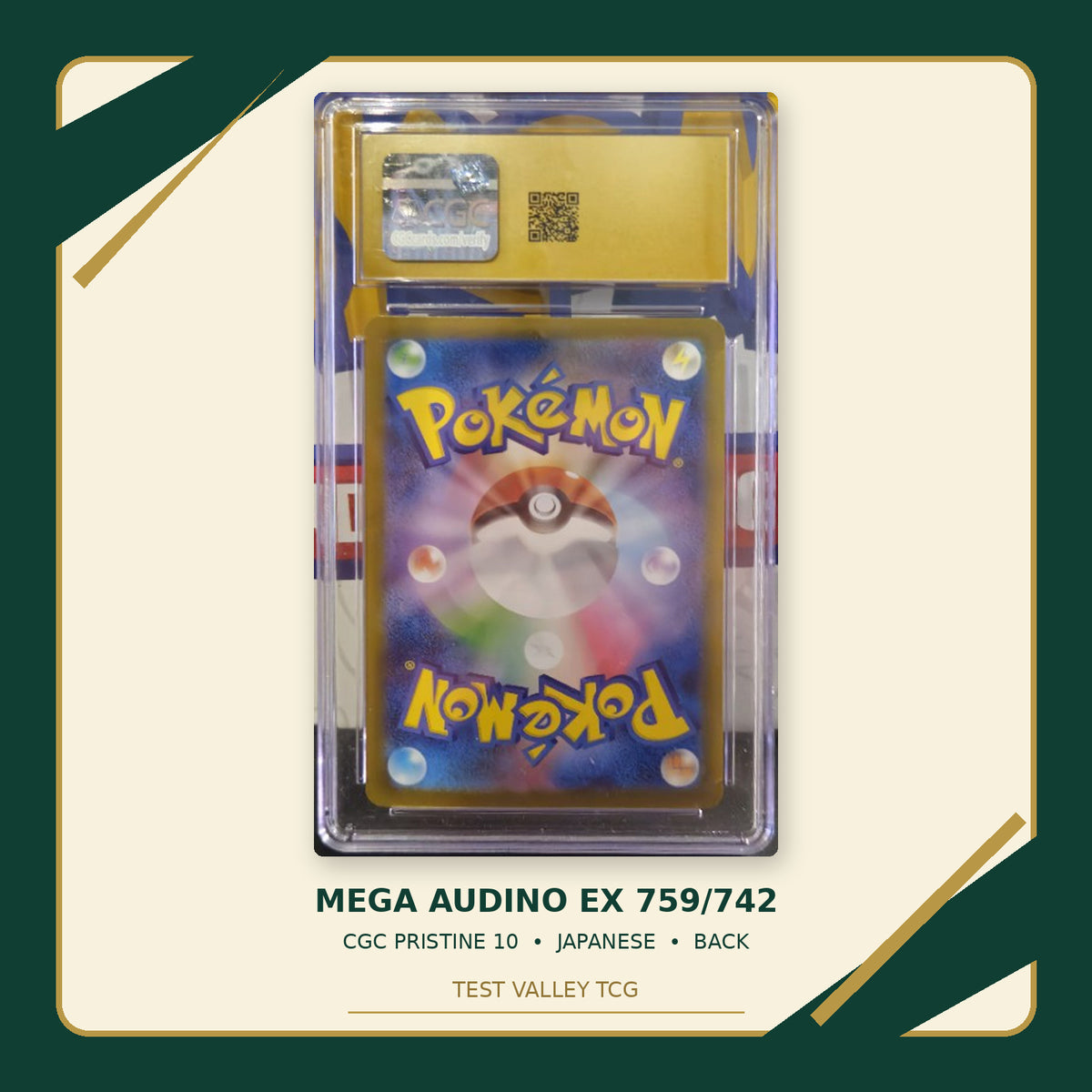 Mega Audino ex 759/742, Japanese, CGC Pristine 10, certificate 6146790109, back of actual slab – cropped and straightened with Test Valley TCG frame