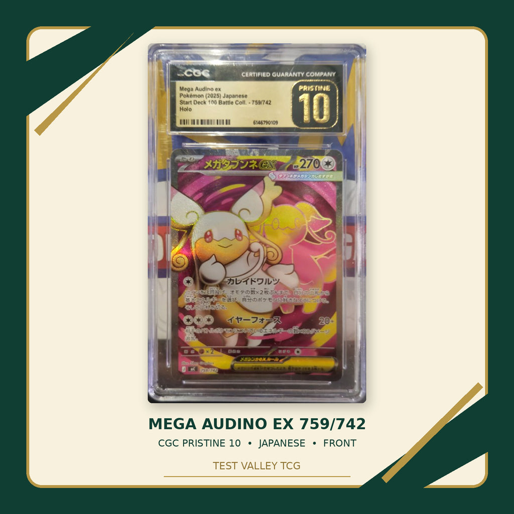 Mega Audino ex 759/742, Japanese, CGC Pristine 10, certificate 6146790109, front of actual slab – cropped and straightened with Test Valley TCG frame