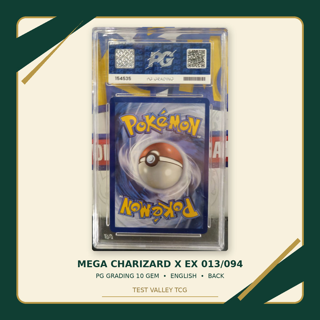 Mega Charizard X ex 013/094, English, PG Grading 10 GEM, certificate 154535, back of actual slab – cropped and straightened with Test Valley TCG frame