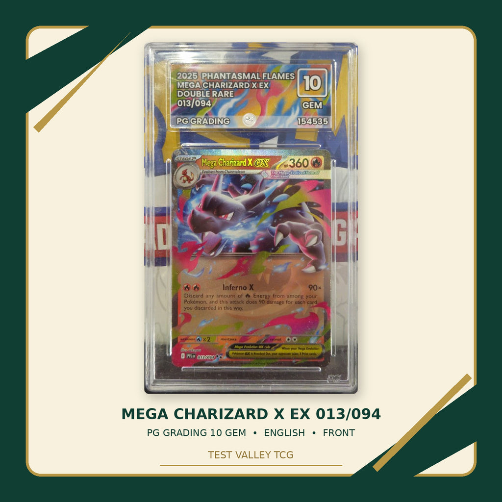 Mega Charizard X ex 013/094, English, PG Grading 10 GEM, certificate 154535, front of actual slab – cropped and straightened with Test Valley TCG frame