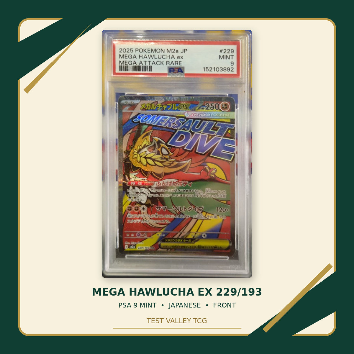 Mega Hawlucha ex 229/193, Japanese, PSA 9 Mint, certificate 152103892, front of actual slab – cropped and straightened with Test Valley TCG frame