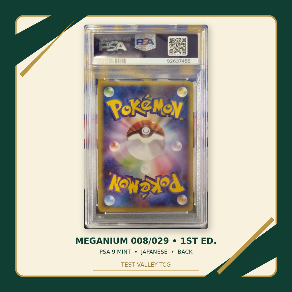 Meganium 008/029, Japanese, PSA 9 Mint, certificate 92637455, back of actual slab – cropped and straightened with Test Valley TCG frame