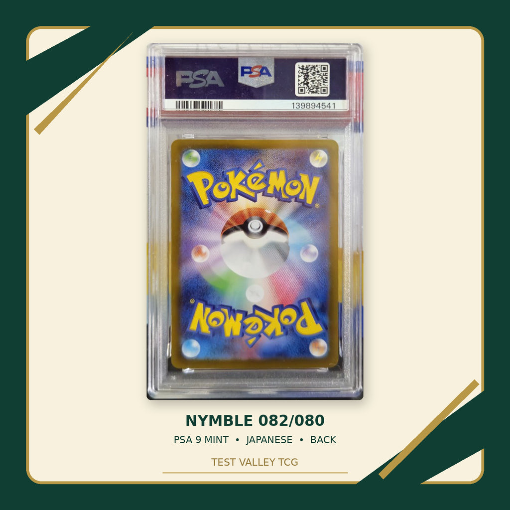 Nymble 082/080 Japanese PSA 9 Mint, certificate 139894541, back of actual slab – cropped and straightened photograph with Test Valley TCG frame