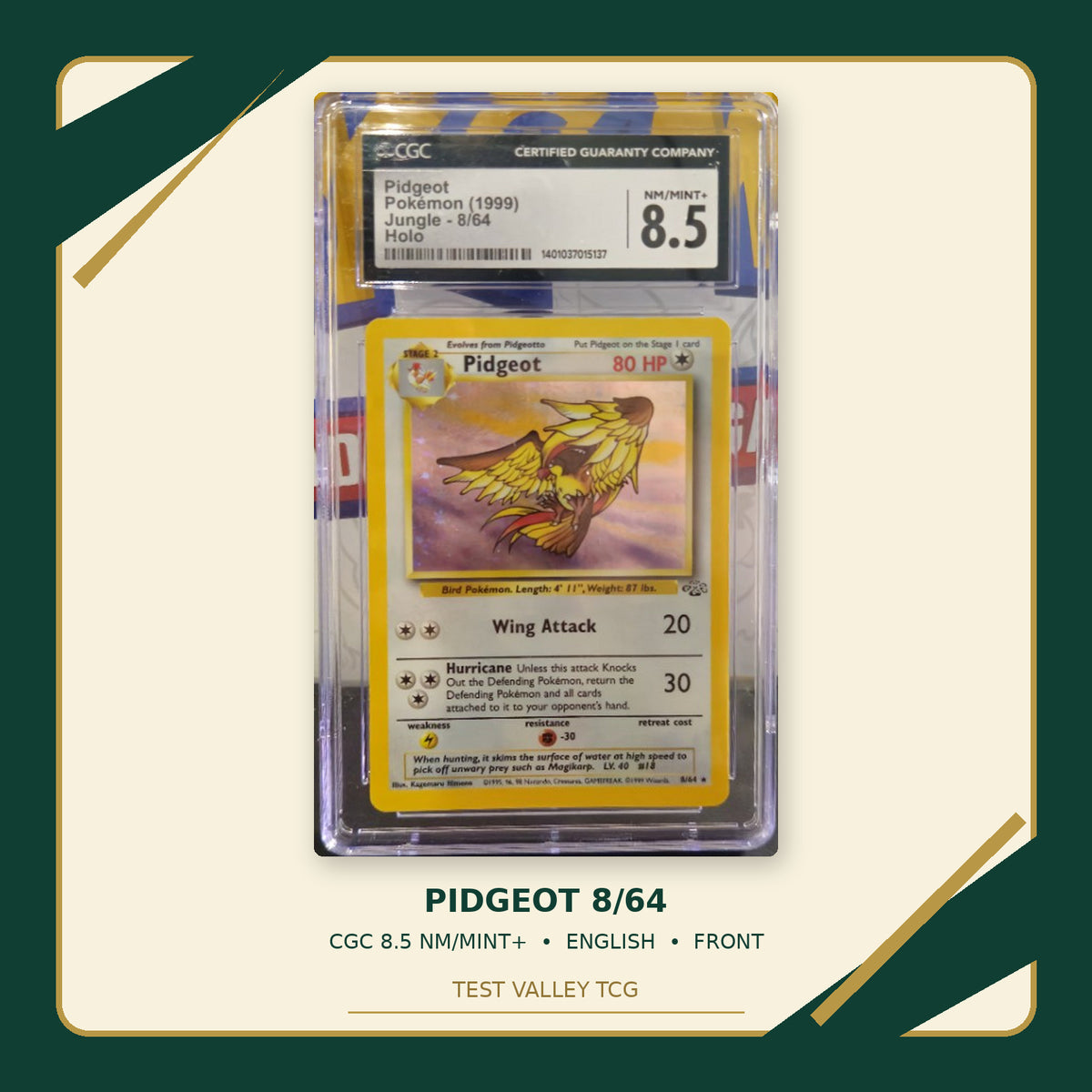 Pidgeot 8/64, English, CGC 8.5 NM/MINT+, certificate 1401037015137, front of actual slab – cropped and straightened with Test Valley TCG frame