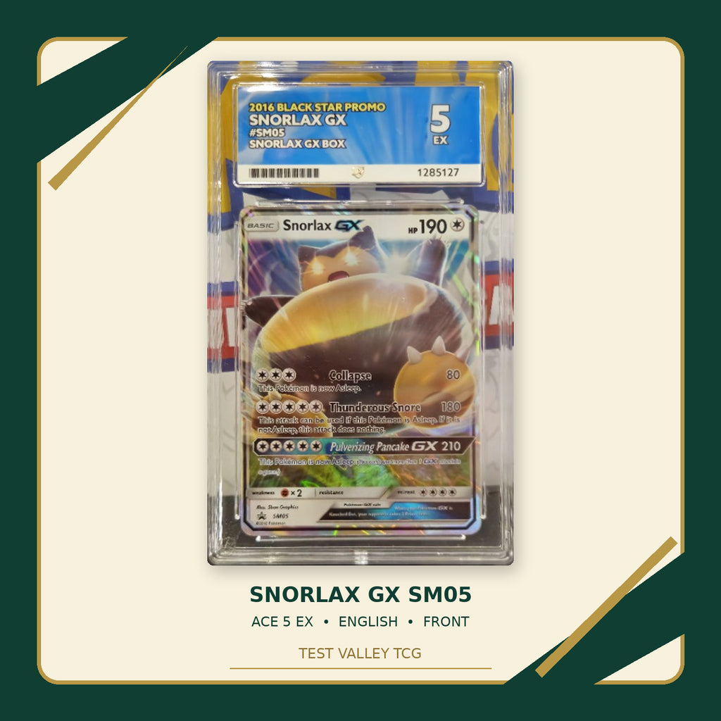 Snorlax GX SM05, English, ACE 5 EX, certificate 1285127, front of actual slab – cropped and straightened with Test Valley TCG frame