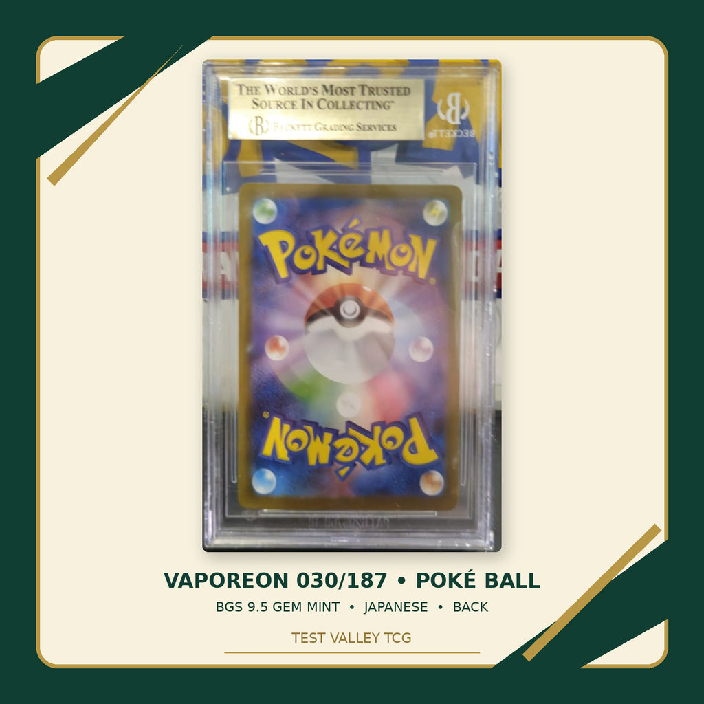 Vaporeon 030/187, Japanese, BGS 9.5 Gem Mint, back of actual slab – cropped and straightened with Test Valley TCG frame